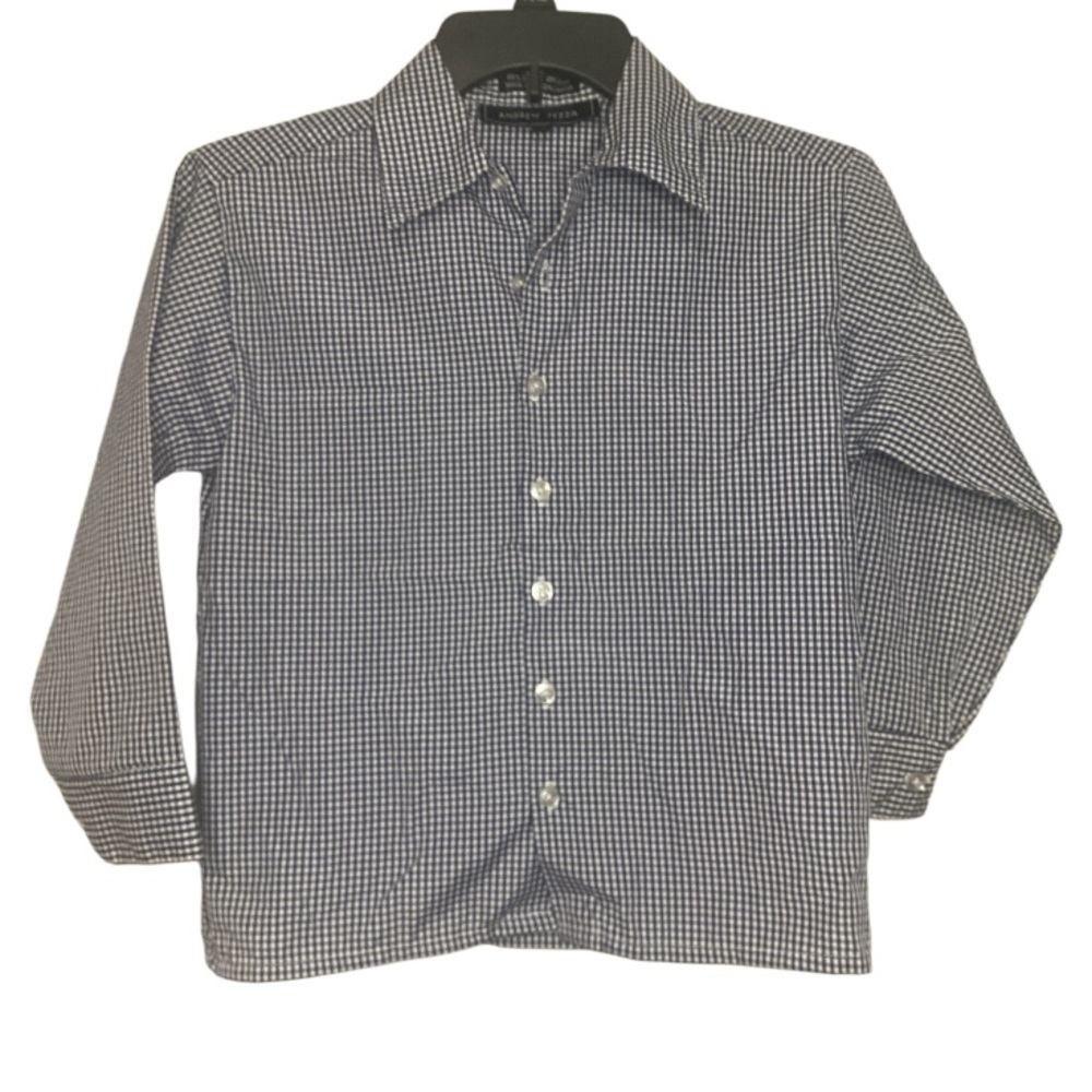 Andrew Fezza Blue White Checkered Boy’s Shirt Plaid Collar - Size 8 BOY